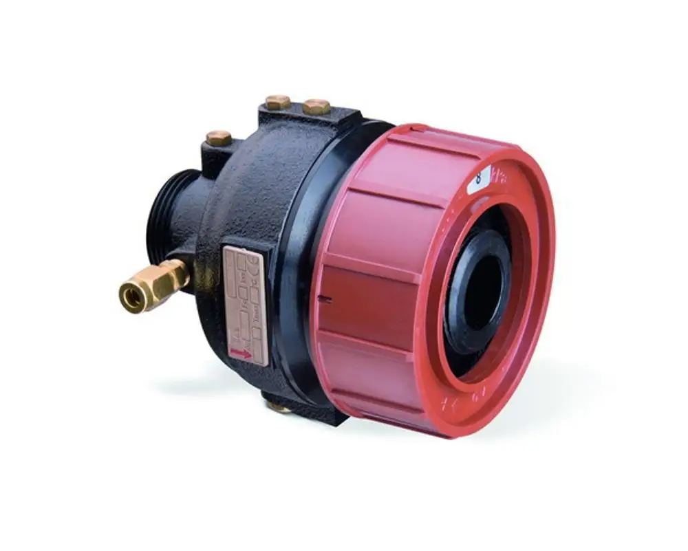 Differenzdruckregler von IMI Hydronic Engineering mit rot schwarzem Gehäuse und seitlichen Anschlüssen. Geeignet zur Druckregelung in Heizungs- und Kühlsystemen.